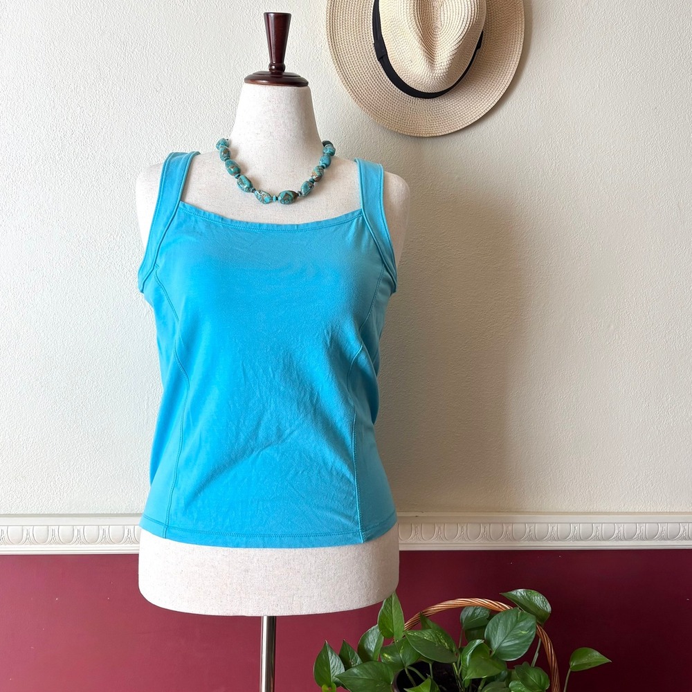 Chaus Organic Surf Aqua Square Neck Tank Top Blue L Cotton Stretch Coastal Chic
